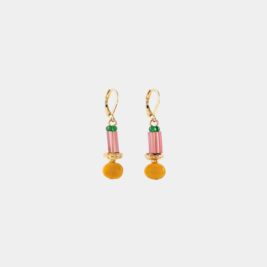 Short gold earrings with colorful Pink and Orange beads in varied shapes and a pewter nugget