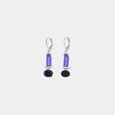 Short Silver earrings with colorful Purple and Black beads in varied shapes and a pewter nugget