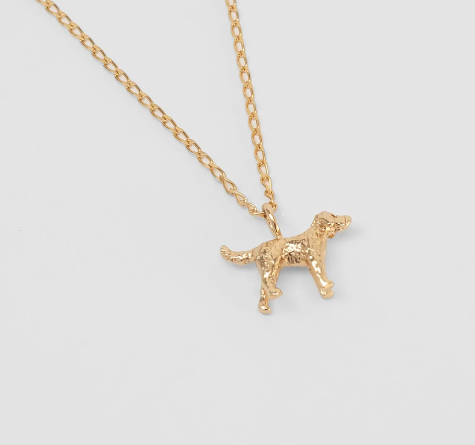 14k Gold plated brass dog pendant on a 18" 14k Gold vermeil elongated curb chain 