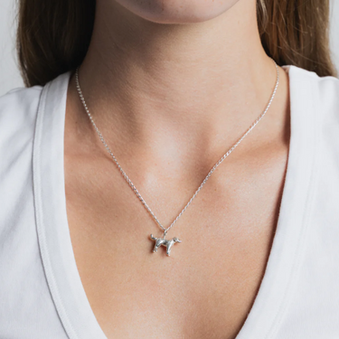 Sterling Silver dog pendant on a 18" Sterling Silver elongated curb chain | on model