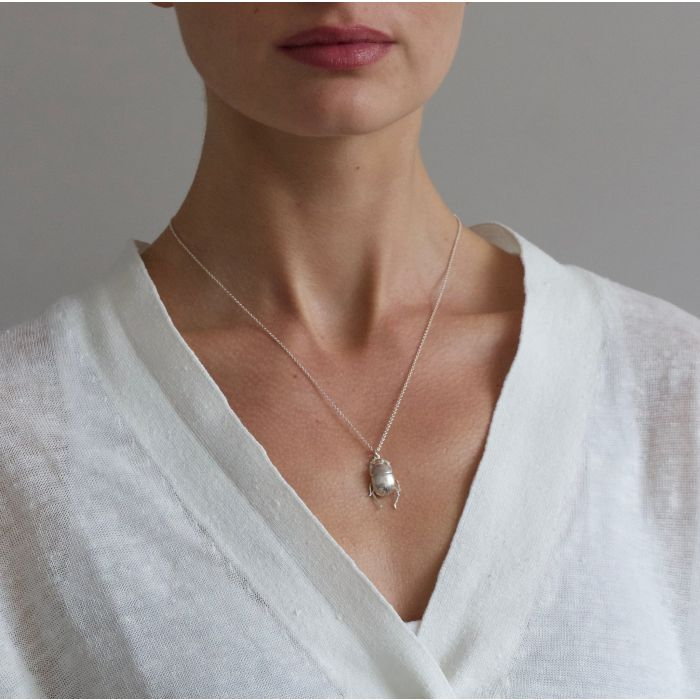 Silver Necklace with a Dor Beetle Pendant | On Model