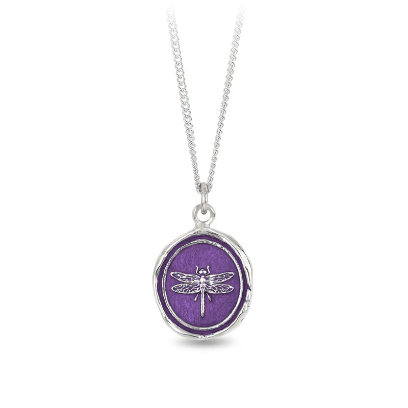 Sterling Silver Necklace with a violet background under a talisman depicting a dragonfly