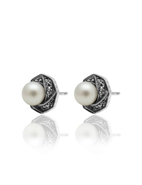 Oxidized silver classic pearl earrings with fresh water pearls and prong-set marcasite.