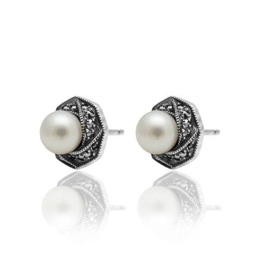 Oxidized silver classic pearl earrings with fresh water pearls and prong-set marcasite.