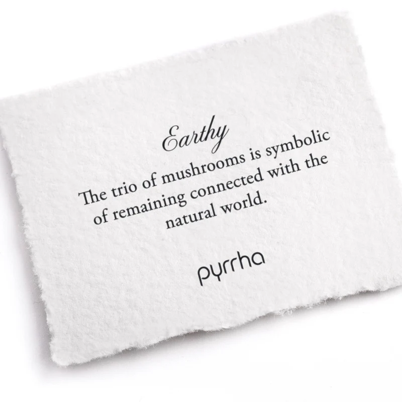 A Pyrrha Note describing the Earthy talisman. it reads, "The trio of mushrooms is symbolic of remaining connected with the natural world."