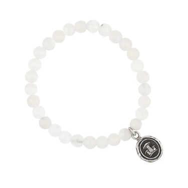Sterling Silver bracelet with white jade beads and a talisman depicting 3 mushrooms