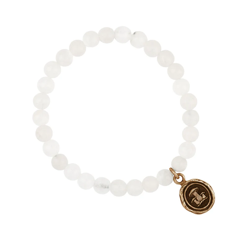 Bronze Bracelet with white jade pearls and a talisman depicting 3 mushrooms