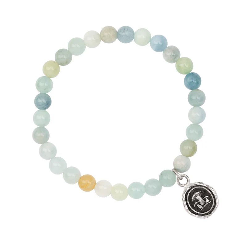 Sterling Silver Bracelet with Sea Toned aquamarine beads and a talisman depicting 3 mushrooms