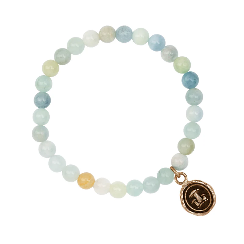 Bronze Bracelet with Sea Toned aquamarine beads and a talisman depicting 3 mushrooms