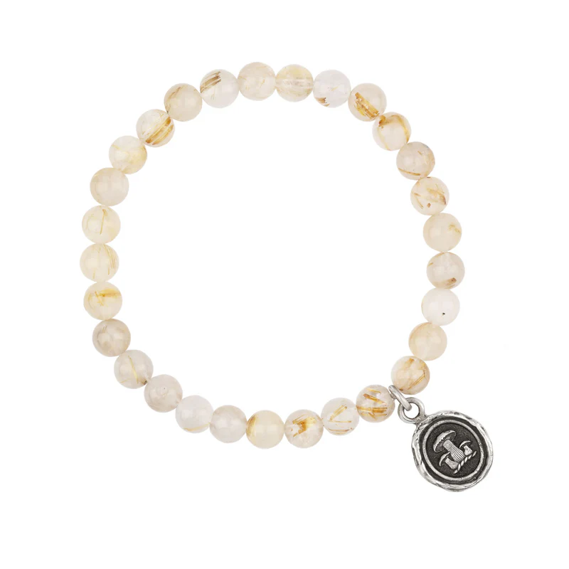 Sterling Silver Bracelet with rutilated quartz  beads and a talisman depicting 3 mushrooms