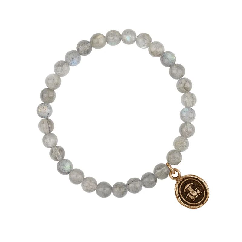 Bronze bracelet with Labradorite  beads and a talisman depicting 3 mushrooms