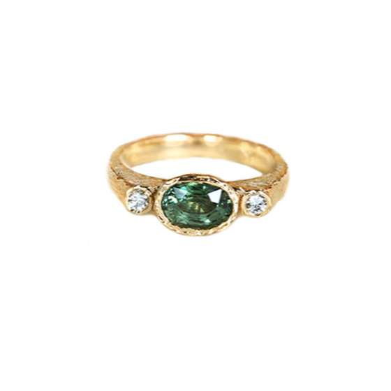 Emerging from the Sea Gold, Diamond &amp; Green Sapphire Ring