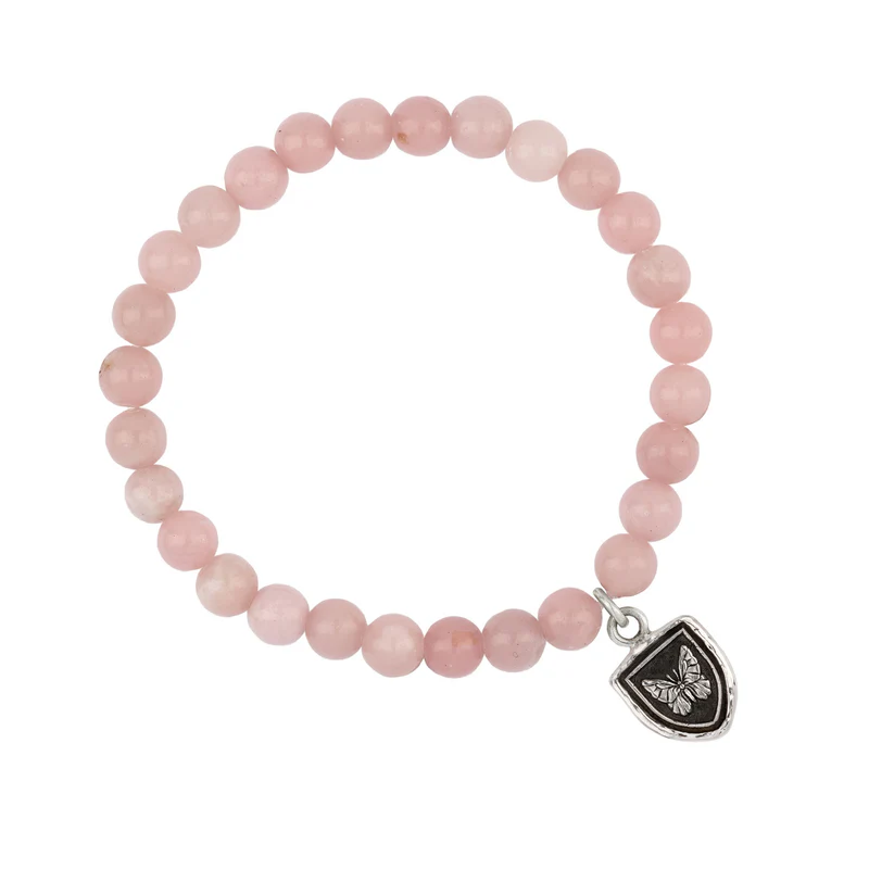 Pink Opal Beaded bracelet with a Sterling Silver Talisman Depicting A Butterfly
