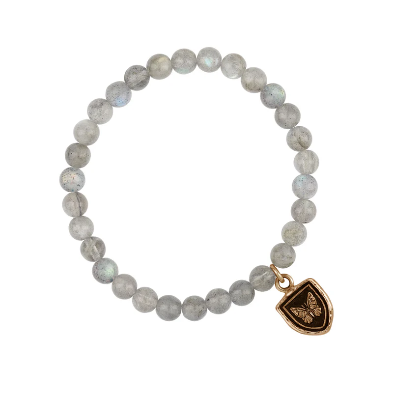 Labradorite Beaded bracelet with a Bronze Talisman Depicting A Butterfly