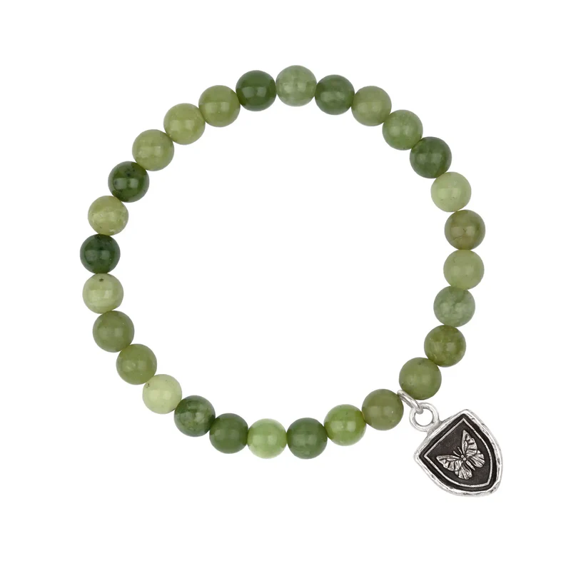 Green Jade Beaded bracelet with a Sterling Silver Talisman Depicting A Butterfly
