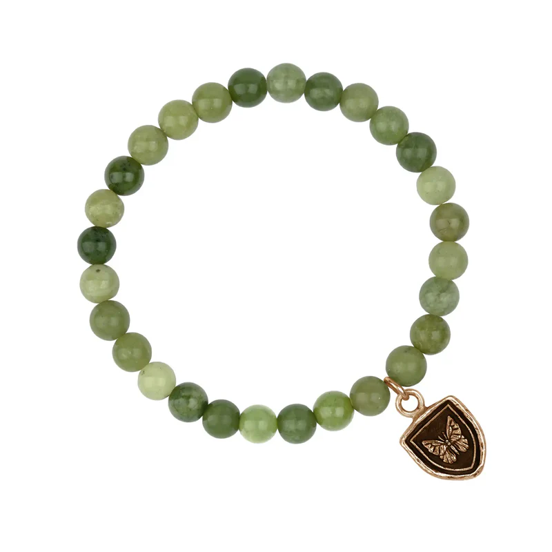 Green Jade Beaded bracelet with a Bronze Talisman Depicting A Butterfly