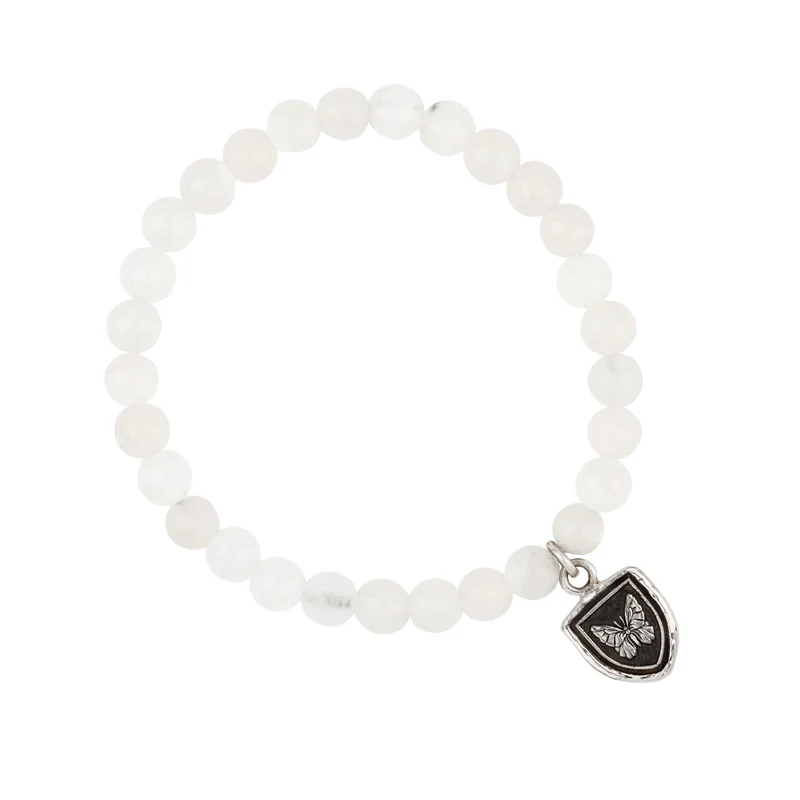 White Jade Beaded bracelet with a Sterling Silver Talisman Depicting A Butterfly
