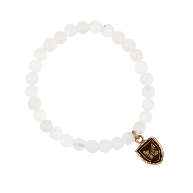 White Jade Beaded bracelet with a Bronze Talisman Depicting A Butterfly