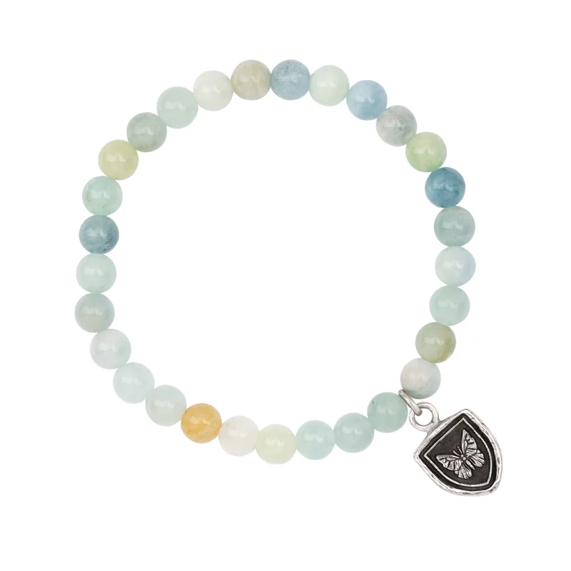 Sea toned Aquamarine Beaded bracelet with a Sterling Silver Talisman Depicting A Butterfly