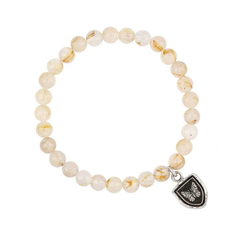 Rutilated Quartz Beaded bracelet with a Sterling Silver Talisman Depicting A Butterfly