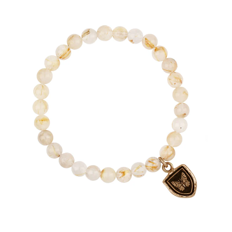 Rutilated Quartz Beaded bracelet with a Bronze Talisman Depicting A Butterfly