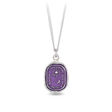 Sterling Silver Necklace with a violet background under a talisman depicting a gleaming sun and moon with the text "J'les Conjure Tous Pour Votre Bonheur"