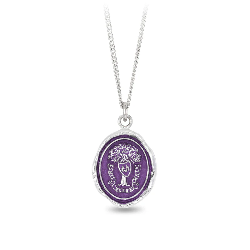 Sterling Silver Necklace with a violet background under a talisman depicting a emblem hanging from a tree with the banner reading "Familia Supra Omnia"