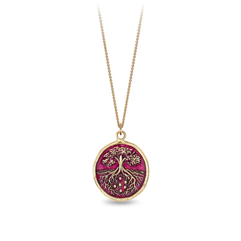 14k Yellow gold talisman necklace with a bright Red background depicting a Tall tree with long roots embeded deep into the earth