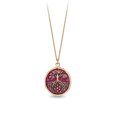 14k Yellow gold talisman necklace with a bright Red background depicting a Tall tree with long roots embeded deep into the earth