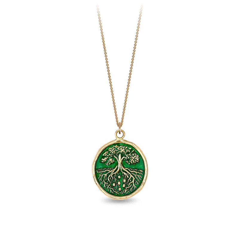 14k Yellow gold talisman necklace with a bright green background depicting a Tall tree with long roots embeded deep into the earth