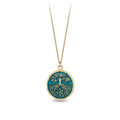 14k Yellow gold talisman necklace with a bright Blue background depicting a Tall tree with long roots embeded deep into the earth