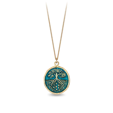 14k Yellow gold talisman necklace with a bright Blue background depicting a Tall tree with long roots embeded deep into the earth