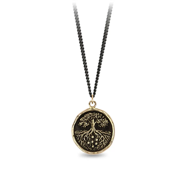 Black Sterling Silver necklace with a gold talisman depicting  a great tall tree, with long roots embeded deep into the earth