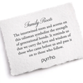 A Pyrrha Note describing the Family Roots talisman. It reads, "The intertwined roots and acorns on this talisman symbolize the strength of generational bonds. It reminds us that we carry the love and wisdom of those who came before us and pass it on to those who follow."