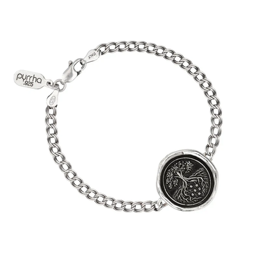 A Inline Chain Bracelet with a talisman at the front. The talisman is depicting a Large tree with long roots embedding deep into the earth.