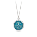 Sterling silver necklace featuring a talisman with a bright blue background depicting a large tree with roots reaching deep into the earth