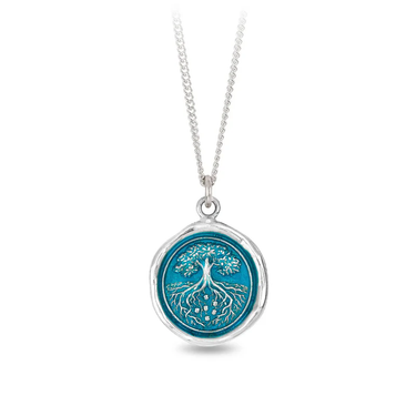 Sterling silver necklace featuring a talisman with a bright blue background depicting a large tree with roots reaching deep into the earth