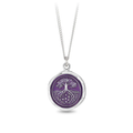 Sterling Silver Talisman necklace with a bright purple background depicting a Large grand tree with long roots embeded deep in the earth