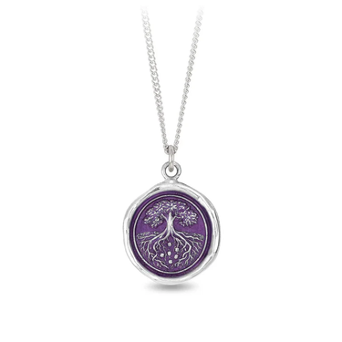 Sterling Silver Talisman necklace with a bright purple background depicting a Large grand tree with long roots embeded deep in the earth