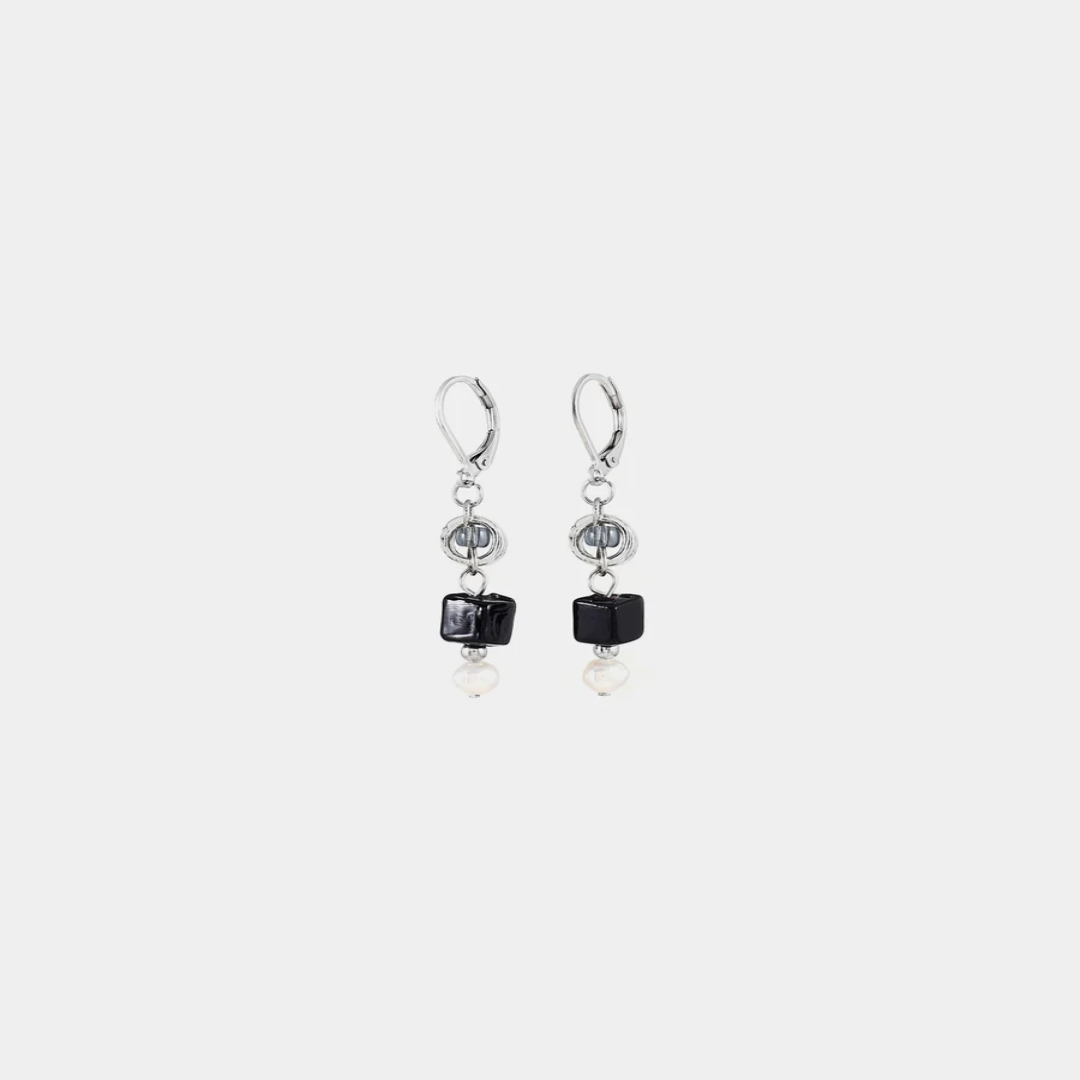 Short silver earrings featuring pewter accents, colorful Black glass beads, and a freshwater pearl