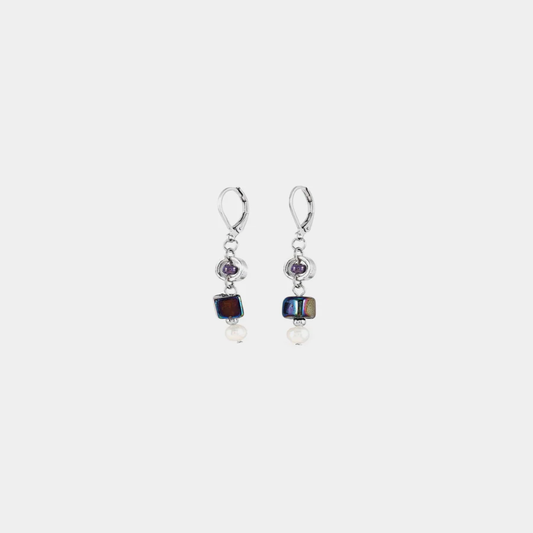 Short silver earrings featuring pewter accents, colorful glass beads, and a freshwater pearl