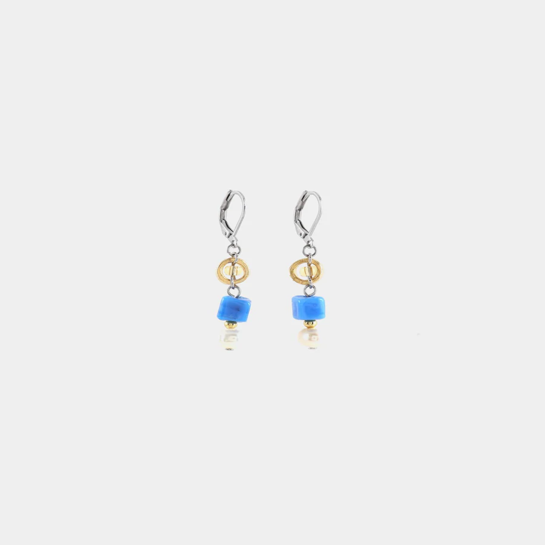 Short Two Toned earrings featuring pewter accents, colorful blue glass beads, and a freshwater pearl 