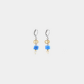 Short Two Toned earrings featuring pewter accents, colorful blue glass beads, and a freshwater pearl 