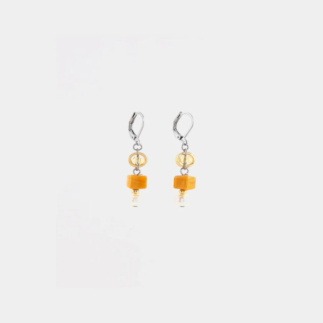 Short Two Toned earrings featuring pewter accents, colorful yellow glass beads, and a freshwater pearl 