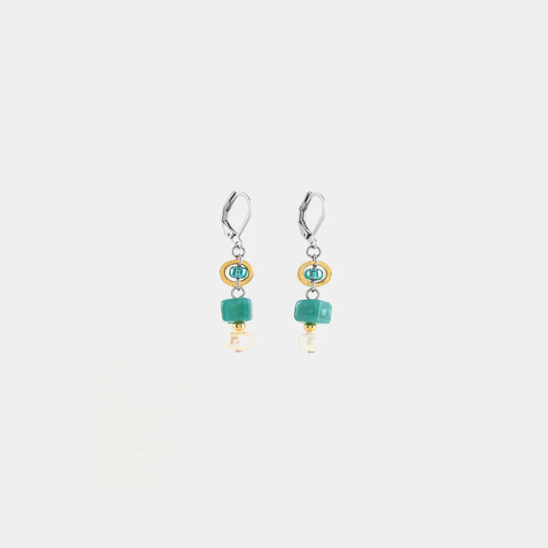 Short Two Toned earrings featuring pewter accents, colorful sea green glass beads, and a freshwater pearl 