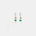 Short Two Toned earrings featuring pewter accents, colorful sea green glass beads, and a freshwater pearl 