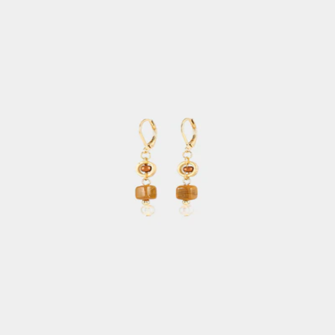 Short Gold earrings featuring pewter accents, colorful Orange glass beads, and a freshwater pearl 