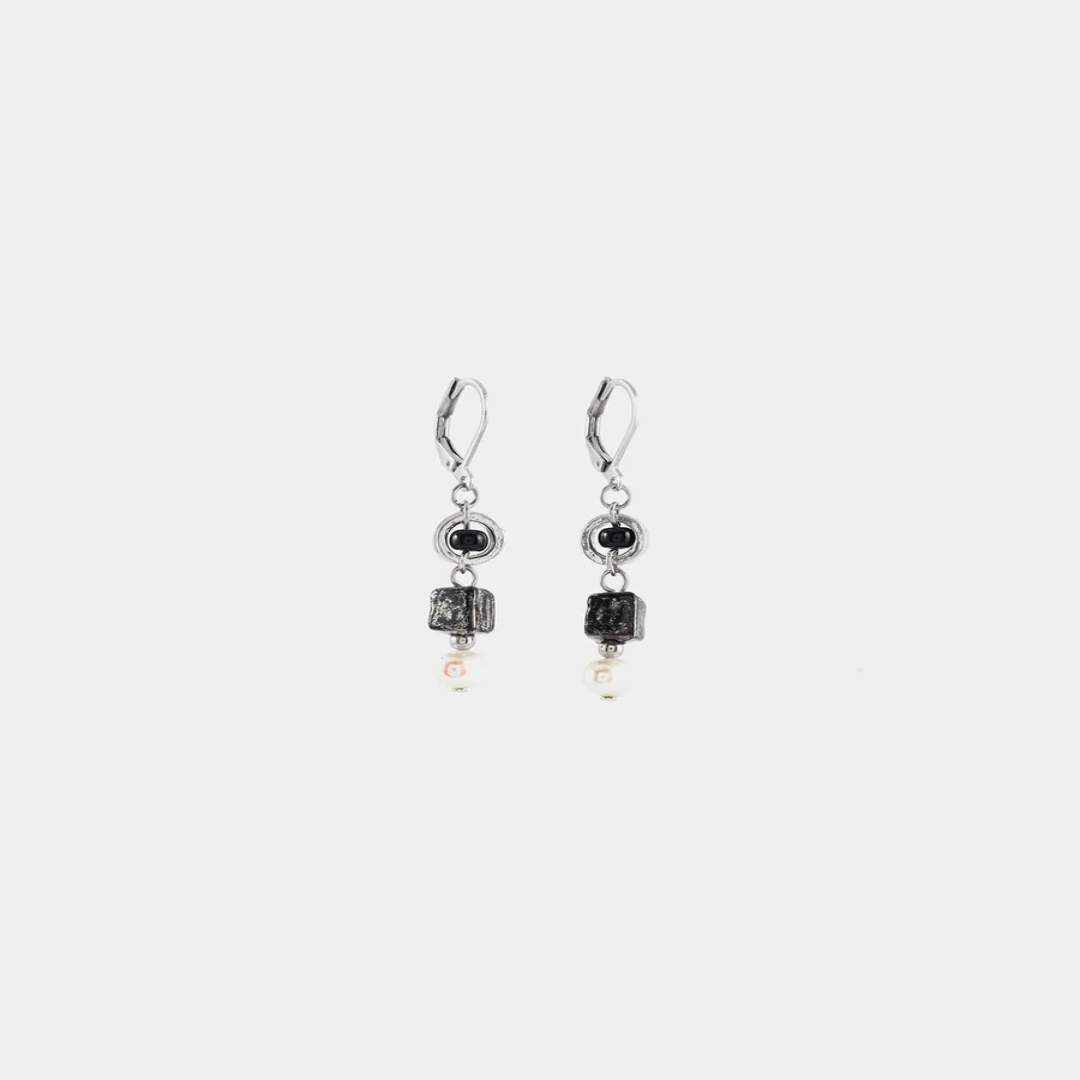 Short silver earrings featuring pewter accents, colorful Black glass beads, and a freshwater pearl