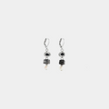 Short silver earrings featuring pewter accents, colorful Black glass beads, and a freshwater pearl