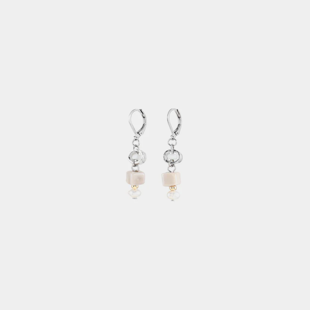 Short Two Toned earrings featuring pewter accents, colorful White glass beads, and a freshwater pearl 